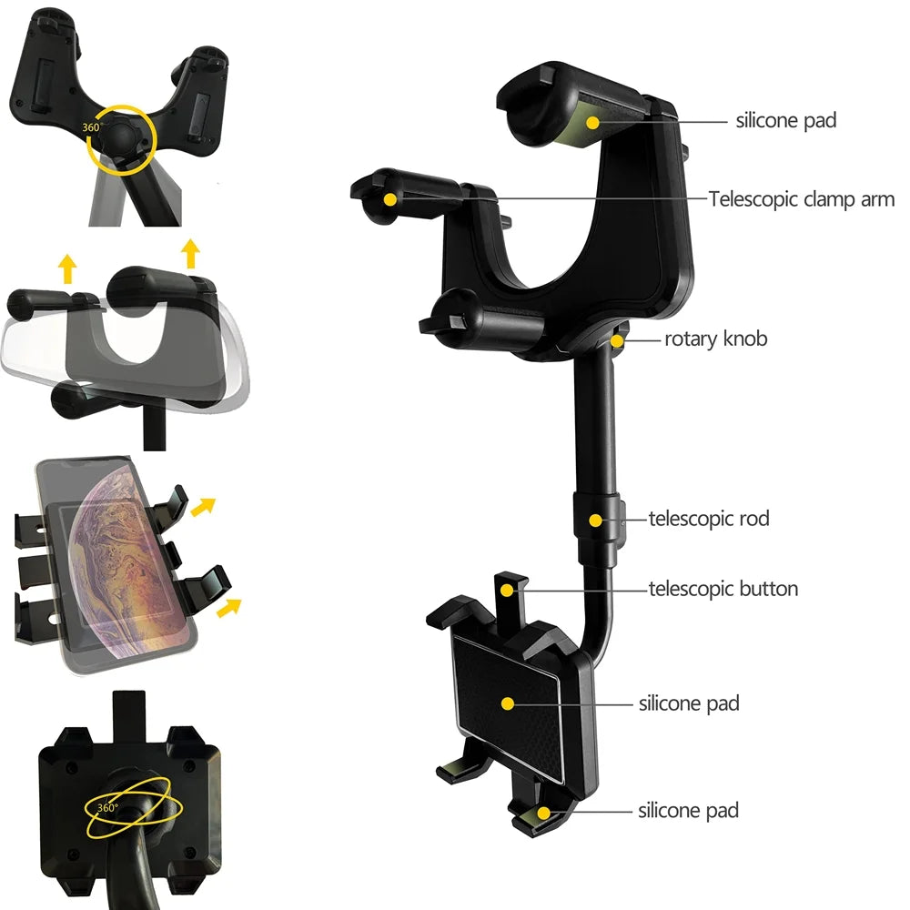 1 Pack Rotatable and Retractable Car Phone Holder 2022 - New Version: Multifunctional Car Rearview Mirror Mount, Universal 360 Degree Rotatable Phone Holder for All Mobile Phones